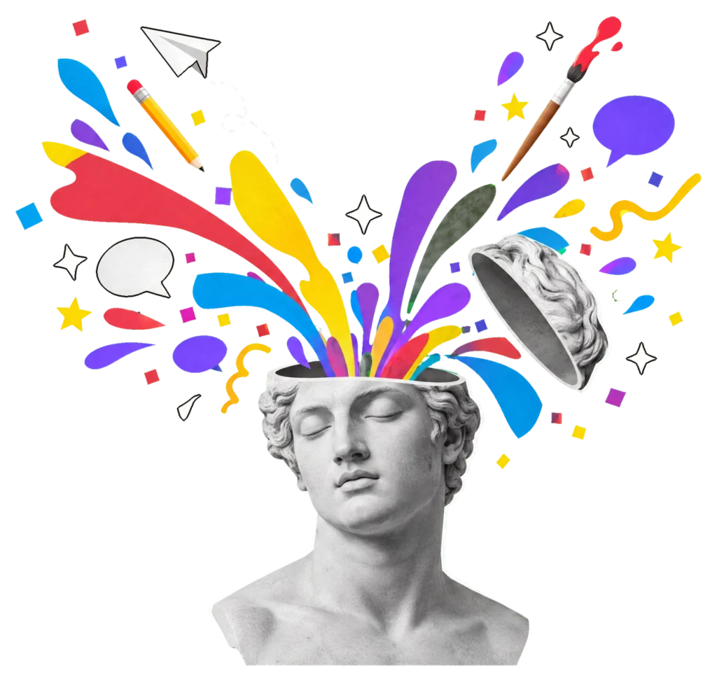Improntae, agenzia di comunicazione e software house: un busto classico da cui esplode la creatività, tra colori, idee, matite e pennelli